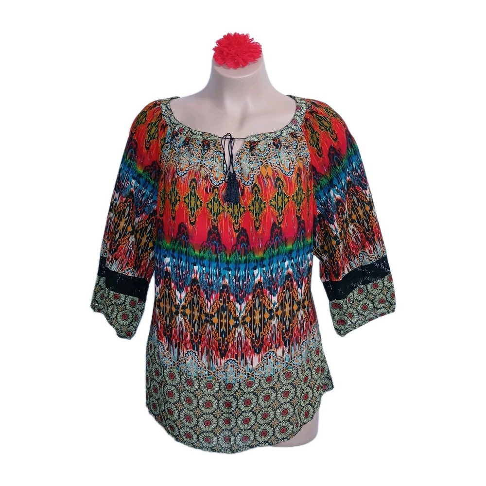 Figueroa & Flower Women Top 3X Red Multi Boho Ethnic Bohemian Crochet Lace Tasse